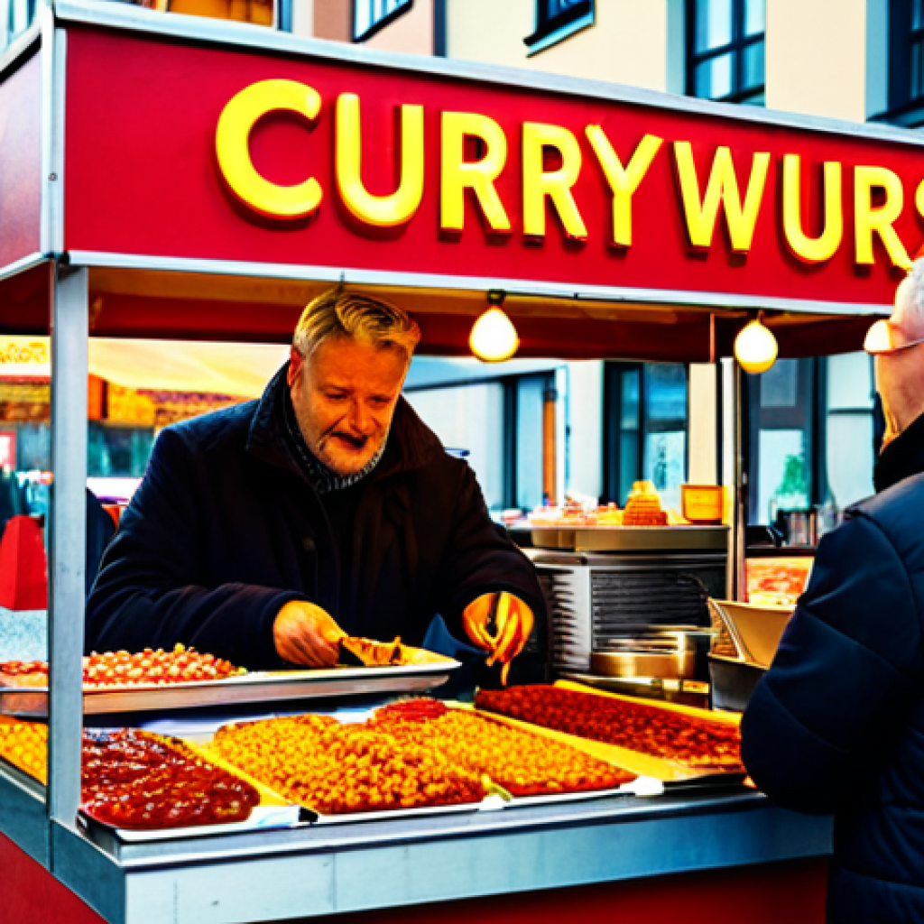"A vibrant street food scene in Berlin, showcasing a Currywurst stand. Focus on the details: a vendor handing a Currywurst with dripping sauce to a customer, colorful signage, and the bustling city background. Include "Currywurst" prominently on the stand. High-quality photo, professional food photography."