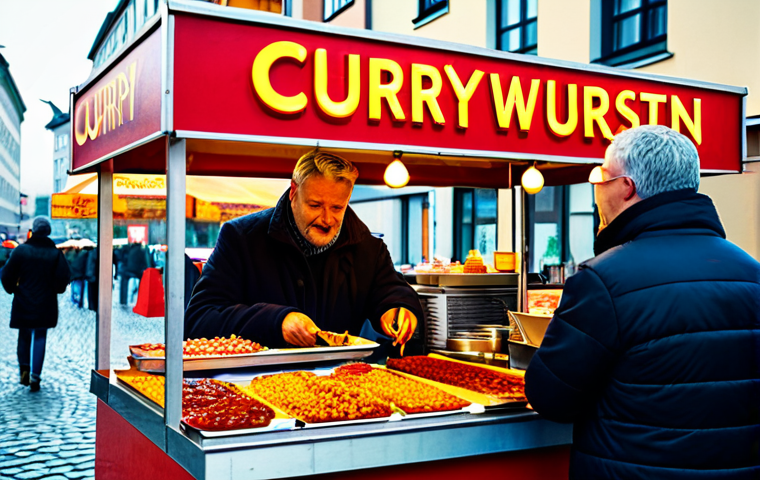 "A vibrant street food scene in Berlin, showcasing a Currywurst stand. Focus on the details: a vendor handing a Currywurst with dripping sauce to a customer, colorful signage, and the bustling city background. Include "Currywurst" prominently on the stand. High-quality photo, professional food photography."