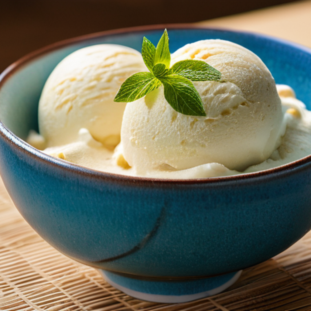 강릉 초당순두부 아이스크림 인기 비결 - **Prompt:** A close-up, high-angle shot of a scoop of incredibly smooth and silky Chodang Sundubu To...