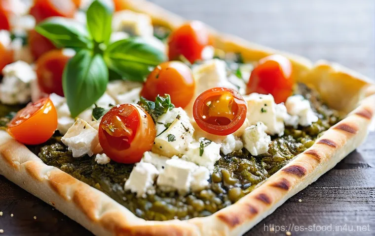 레바논 만우쉬 전통 피자 와 페타 치즈 조합 - **Prompt: A close-up, mouth-watering shot of a freshly baked Manoushe with Feta cheese, resting on a...