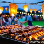 필리핀 이사우 닭 내장 꼬치 먹는 법 - **Prompt:** A vibrant, bustling Filipino night market scene during dusk. The air is thick with a sav...