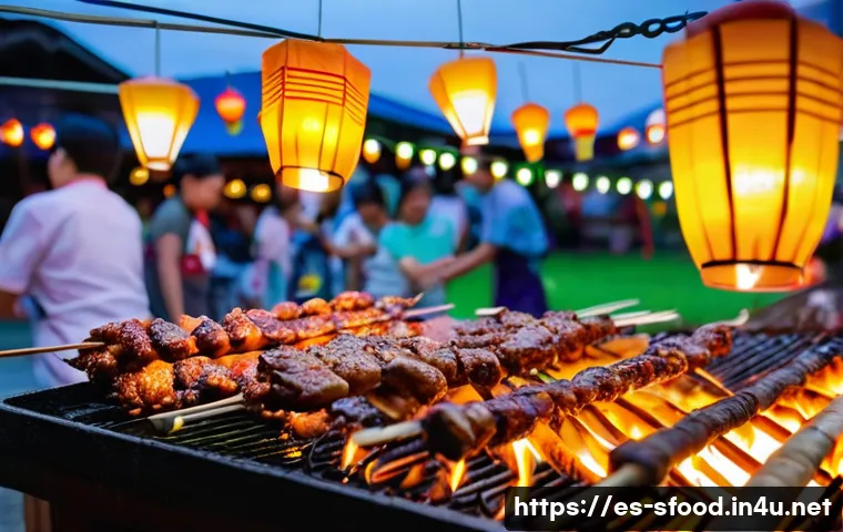 필리핀 이사우 닭 내장 꼬치 먹는 법 - **Prompt:** A vibrant, bustling Filipino night market scene during dusk. The air is thick with a sav...