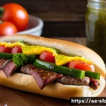 시카고 스타일 핫도그 특징 - A close-up, highly detailed image of a classic Chicago-style hot dog in a soft, slightly sweet poppy...