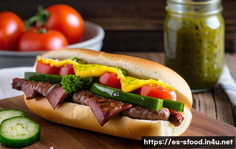 시카고 스타일 핫도그 특징 - A close-up, highly detailed image of a classic Chicago-style hot dog in a soft, slightly sweet poppy...