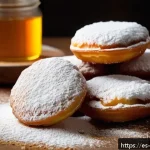 뉴올리언스 비녜트 도넛  설탕 조합 - A close-up of freshly fried beignets dusted with a delicate layer of powdered sugar and a light spri...