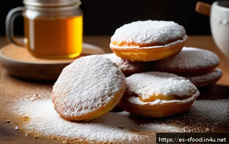 뉴올리언스 비녜트 도넛  설탕 조합 - A close-up of freshly fried beignets dusted with a delicate layer of powdered sugar and a light spri...