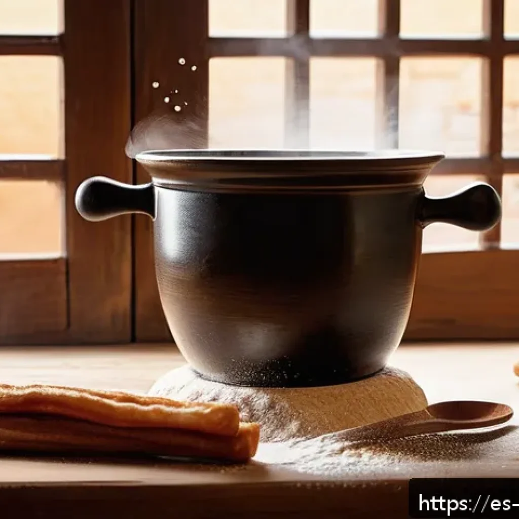스페인 츄러스 초콜릿 딥 레시피 - A rustic kitchen scene showcasing the preparation of churro dough: a large wooden table with a bowl ...