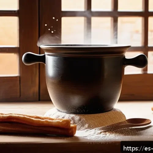 스페인 츄러스 초콜릿 딥 레시피 - A rustic kitchen scene showcasing the preparation of churro dough: a large wooden table with a bowl ...