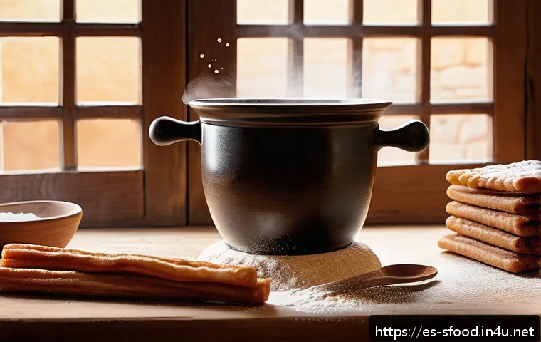 스페인 츄러스 초콜릿 딥 레시피 - A rustic kitchen scene showcasing the preparation of churro dough: a large wooden table with a bowl ...