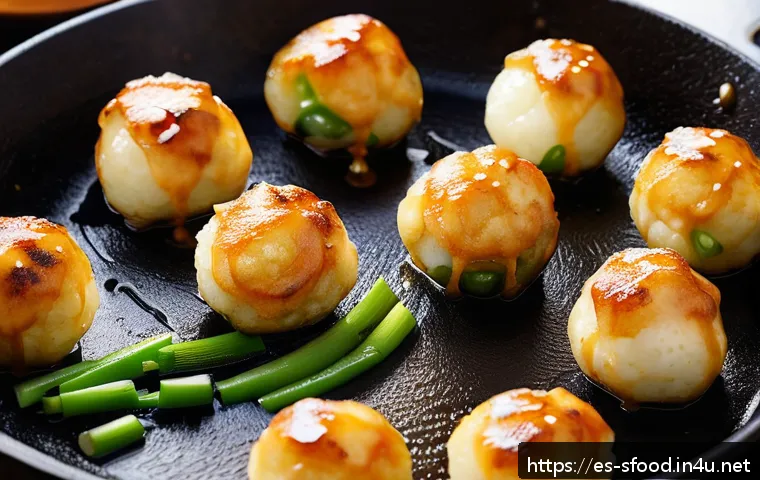 오사카 타코야키 제대로 만드는 법 - A close-up of authentic Osaka-style Takoyaki balls cooking in a traditional cast iron Takoyaki pan o...