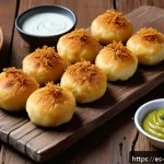 방글라데시 푸찰카 만드는 법 - A close-up, high-resolution image of freshly fried Puchkas arranged on a rustic wooden platter, each...