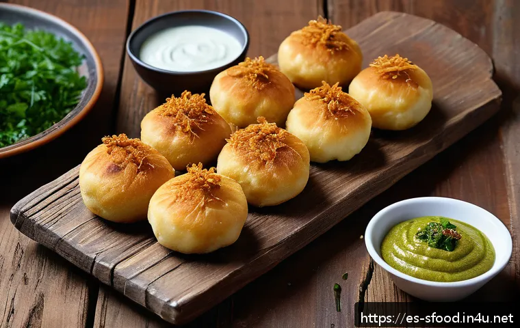 방글라데시 푸찰카 만드는 법 - A close-up, high-resolution image of freshly fried Puchkas arranged on a rustic wooden platter, each...