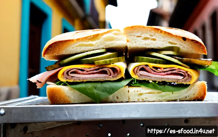 쿠바 샌드위치 길거리 스타일 - Photorealistic Cuban street-style sandwich on a lightly weathered metal food-cart counter, crusty pr...